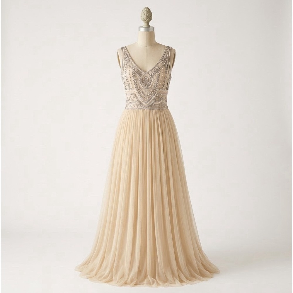 BHLDN Dress Womens 4 Beige Beaded Tulle Maxi V Neck Wedding Formal Gown